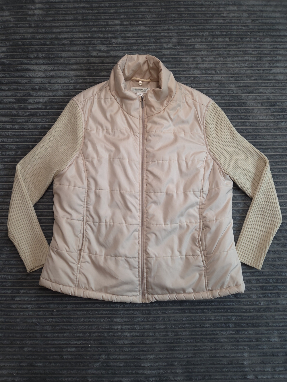 Coldwater Creek Quilted Puffer with Cream Knit Sleeves